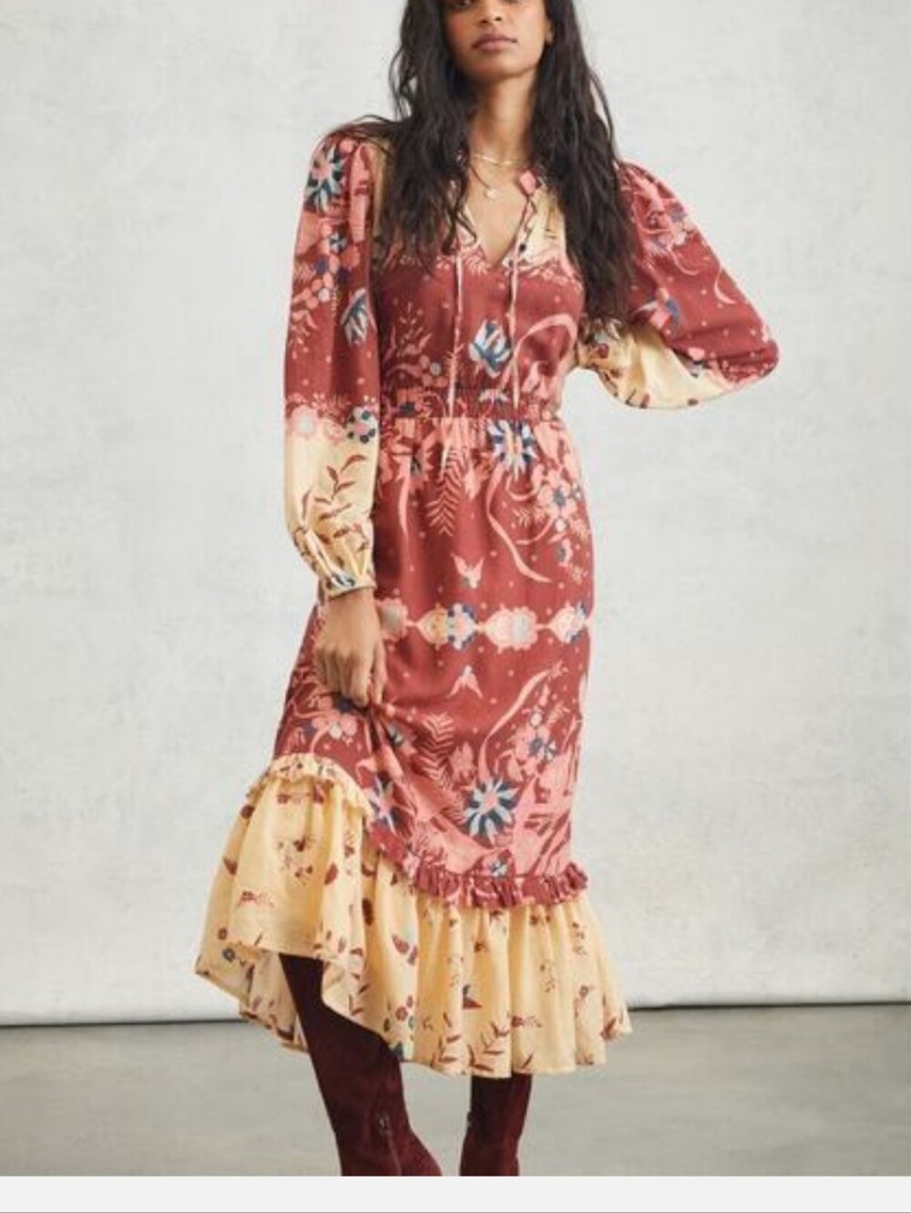 Anthropologie Othilia Rust Cream Floral Tier Maxi Dress Carmelia Large Petite